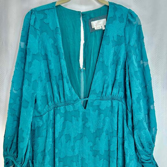 Anthropologie green deep V mini dress long sleeves size 14 - Picture 5 of 10
